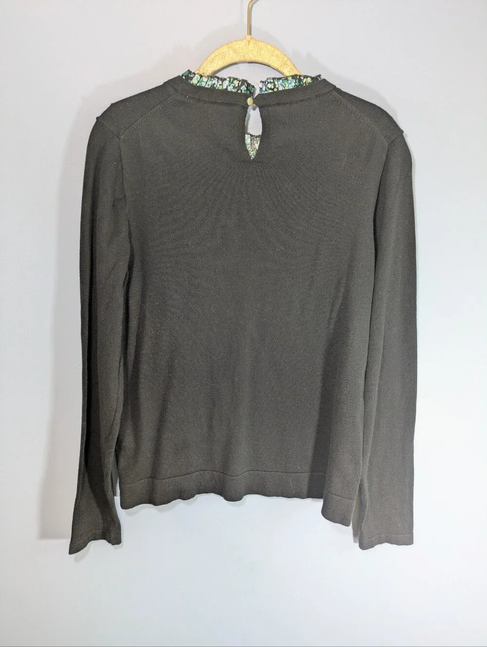 J. Crew Black Crewneck Sweater Floral Ruffle Trim